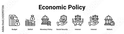Photos Economic Policy web banner icon vector illustration concept for government with icon of Budget, Deficit, Monetary Policy, Social Security, Interest