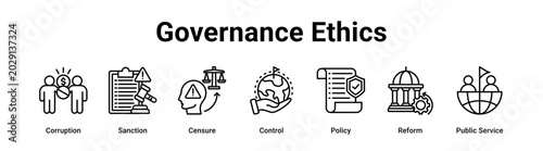 Obraz na plátne Governance Ethics web banner icon vector illustration concept for government with icon of Corruption, Sanction, Censure, Control, Policy, Reform