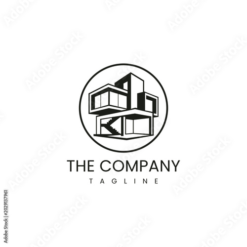 Modern architecture house logo with minimalist geometric building in circle