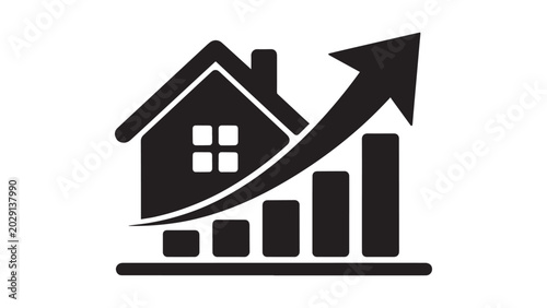 Real estate financial growth bar chart with upward arrow indicating property values' price increase