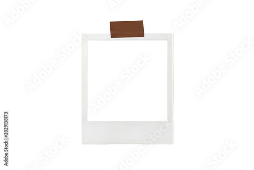 White vertical polaroid frame attached with tape on clean background isolated on transparent PNG mockup template design