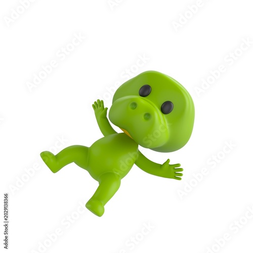 Photos Cute 3D render Crocodile character slipping and falling, surprised and playful expression, dynamic mascot style, isolated on white background