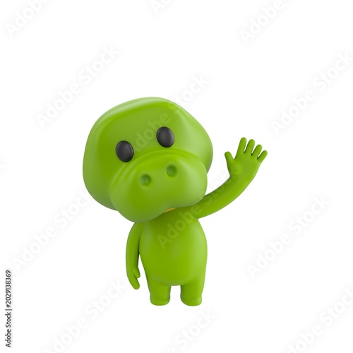 Cute 3D render Crocodile character standing and waving hello, friendly and welcoming mascot style, isolated on white background.