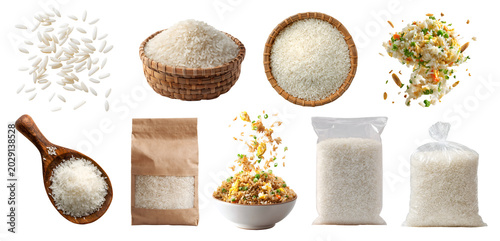 Set of White rice grain staple crop, wooden spoon, fried rice, resealable standup craft paper plastic pouch bag, rattan basket, fly pile stack cooked raw, transparent cutout PNG mockup for design