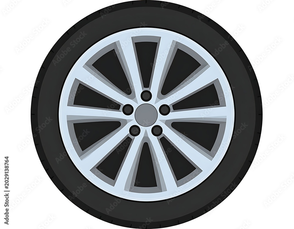 Obraz premium A silver car wheel with a black tire on a white background