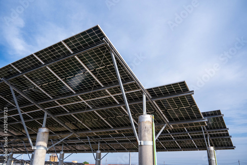 Ground Mounted Solar Panel Arrays Under Clear Sky