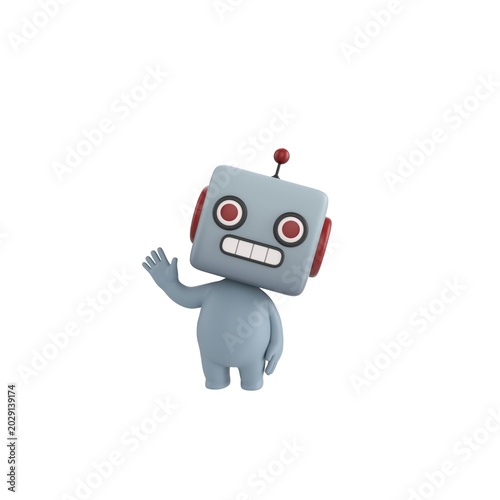 Cute 3D render Robot character waving hello, friendly and cheerful mascot style, isolated on white background for greeting, welcome, and digital design.