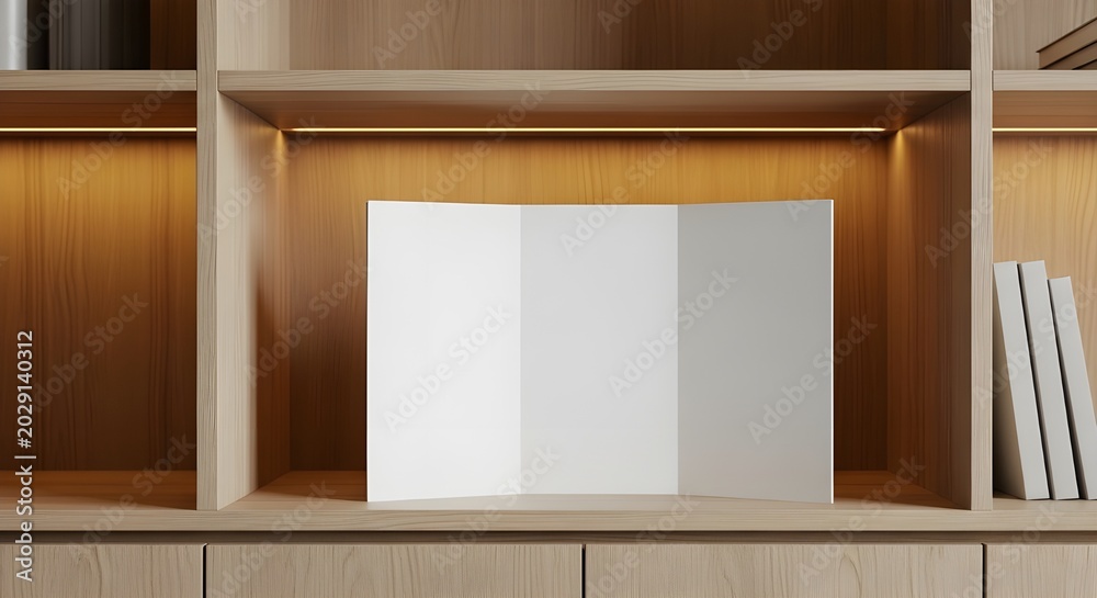 Fototapeta premium Luxury Blank Bifold Brochure Mockup Displayed on Modern Wooden Cabinet Shelf