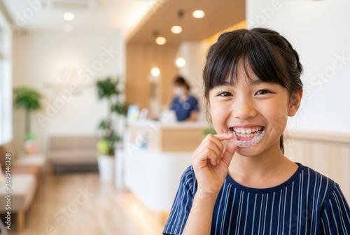 クリアアライナーを笑顔で持つ日本人の女の子、明るい矯正歯科クリニックのイメージ