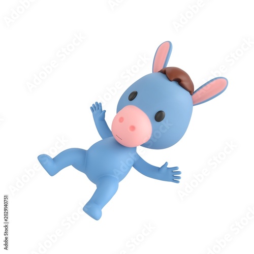 Fotografie Cute 3D render Donkey character slipping and falling, surprised and playful expression, dynamic mascot style, isolated on white background
