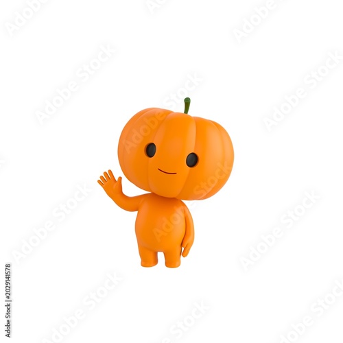 Cute 3D render Pumpkin character waving hello, friendly and cheerful mascot style, isolated on white background for greeting, welcome, and digital design.