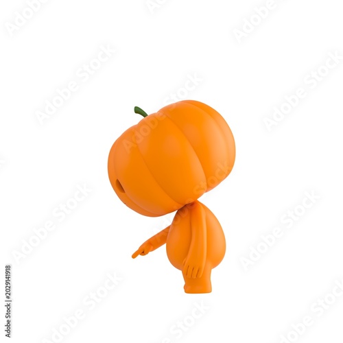 Tableau sur toile Cute 3D render Pumpkin character turned sideways to the camera, pointing down at the ground in front, indicating focus or attention, isolated on white background