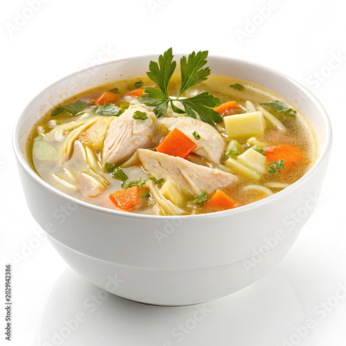 Bowl of chicken and vegetable soup with herbs