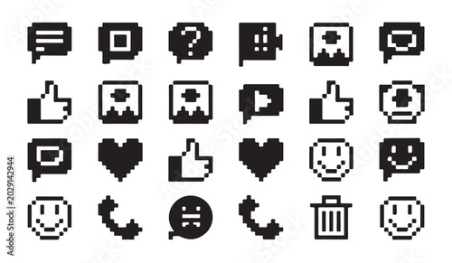 Collection of pixel art social media icons for retro gaming app interface design layout.