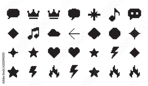 Pixel art icons set featuring shapes weather symbols stars hearts and abstract ornaments.