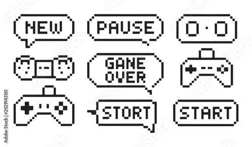Assorted retro pixel art interface design elements with game controllers and text boxes.