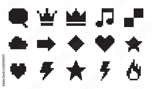 Collection of solid black pixel art silhouettes including crowns hearts stars and music.
