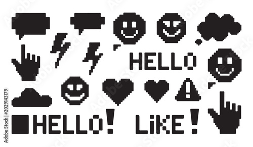 Photography Black pixelated design elements featuring hello and like text with hearts and smileys set