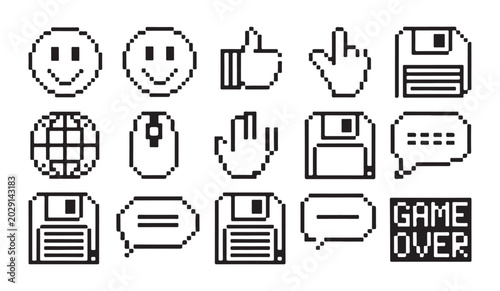 Fotografía Minimalist outline pixel icons showing smiley faces computer mouse and floppy disk signs