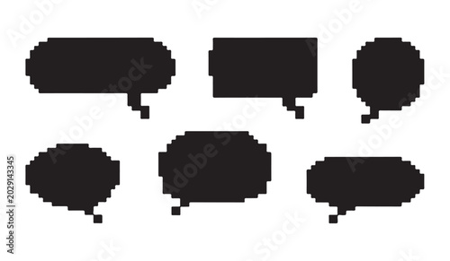 Pixel art speech bubble collection with various retro shapes for message and game design.
