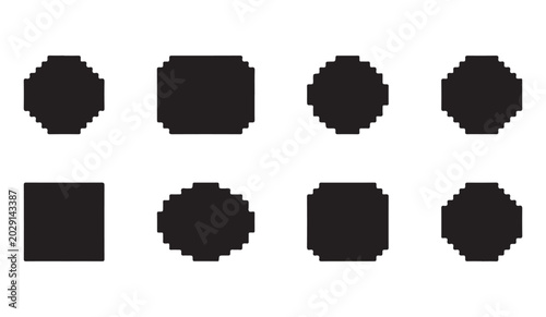 Abstract pixelated geometric shapes and frames set for retro digital branding and graphics.
