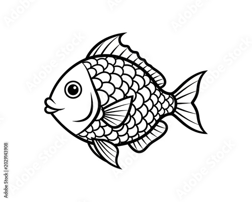 Stylized fish with scales and fins, simple black and white line art