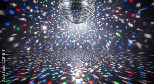 Spinning disco ball reflecting colorful light beams on a dark floor and background surface