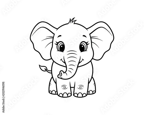 Cute cartoon outline of a baby elephant sitting, showing a friendly animal with big ears