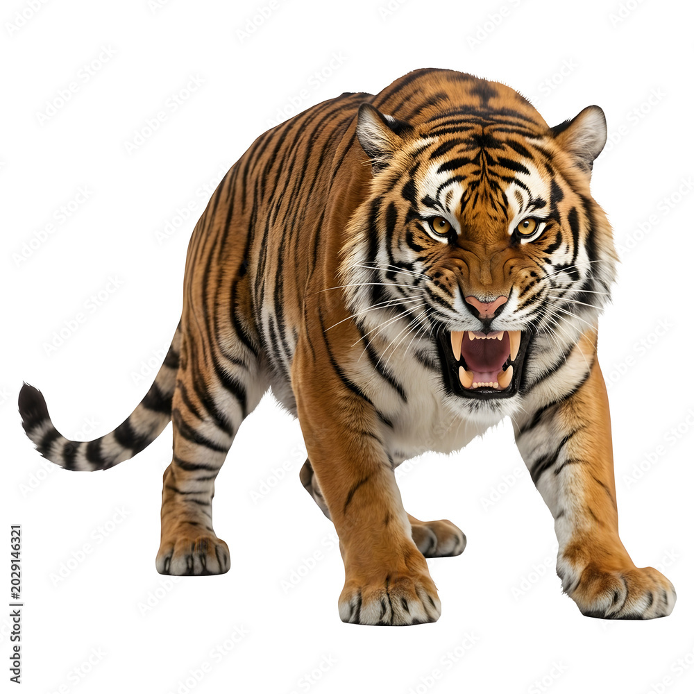 Obraz premium Bengal Tiger Crouching and Snarling in Aggressive Attack Position