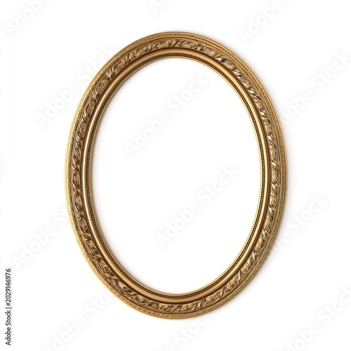 an oval picture frame with a gold metal texture, in a simple and elegant style, with clear details on a white background. the composition is symmetrical and balanced, presenting an overall sense