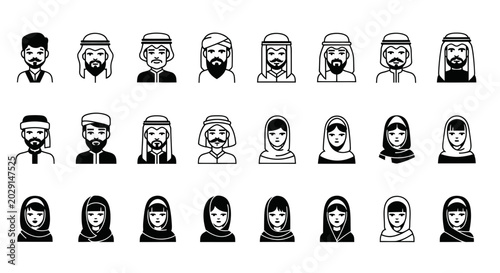 Принти на полотні Diverse Arabic People Icons: Men and Women Headshots Collection