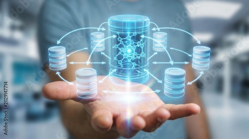 Engineer holding holographic database icons showing data integration pipeline, migration, storage, and system connectivity. Ideal for cloud architecture, ETL, and data warehouse concepts. 