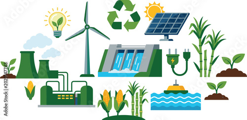 Foto Renewable Energy and Sustainable Technology Vector Set Featuring Solar Panels Wi