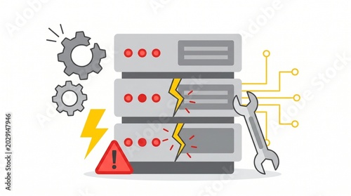 Broken computer server rack tools lightning bolts error signs maintenance system failure database malfunction tech graphic element cutout isolated clean transparent background illustration art.