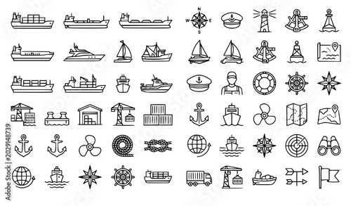 Fotografie Modern Maritime Navigation Icon Collection with Ship Cargo and Nautical Vector S
