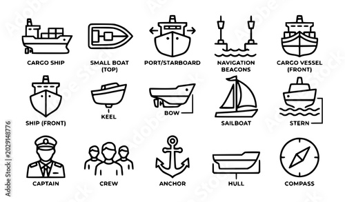 Canvas-taulu Ship Cargo Maritime Navigation Vector Icon Set with Nautical Black Contour Illus
