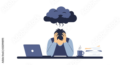 Obraz na płótnie Frustrated man with head in hands under storm cloud at desk
