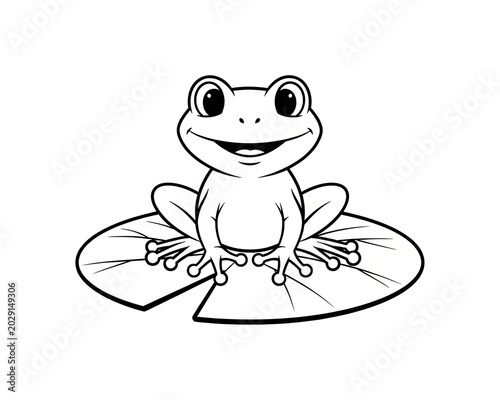 Smiling frog on a large lily pad, black and white line art for children's coloring and nature themes