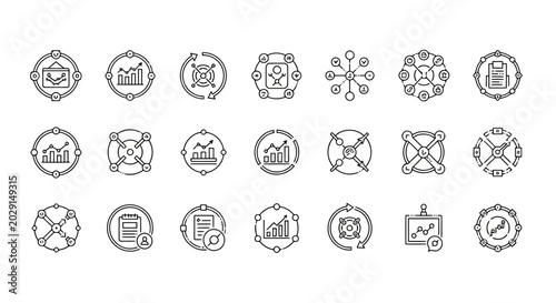 Financial charts, data analytics, and business process icons in circular and modular forms.