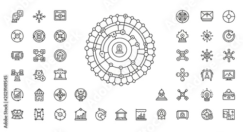 Tableau sur toile Abstract circular network of interconnected icons for technology and business concepts