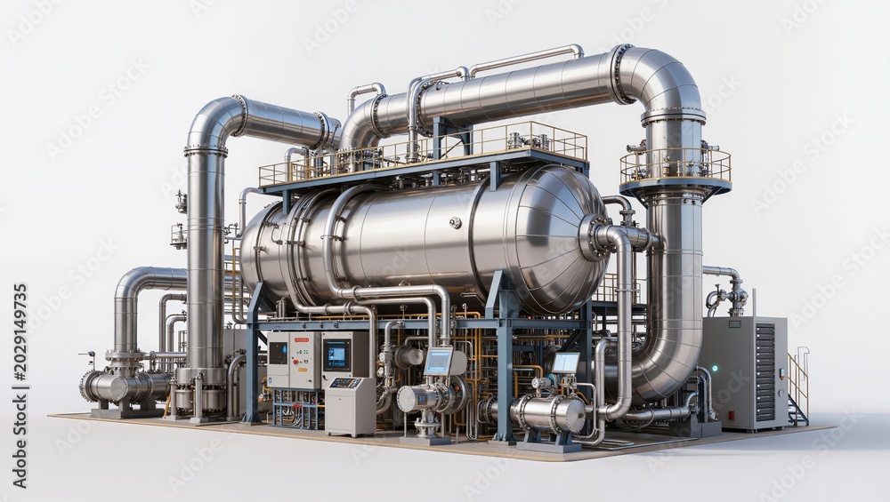 Obraz premium Futuristic Industrial Processing Plant With Stainless Steel Reactors And Advanced Pipelines