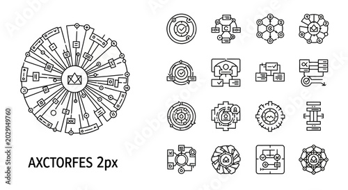 Abstract circular network diagram with communication and data icons.