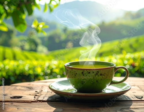 Steaming Green Tea Cup Resting on Wooden Table in Sunlit Mountain Garden