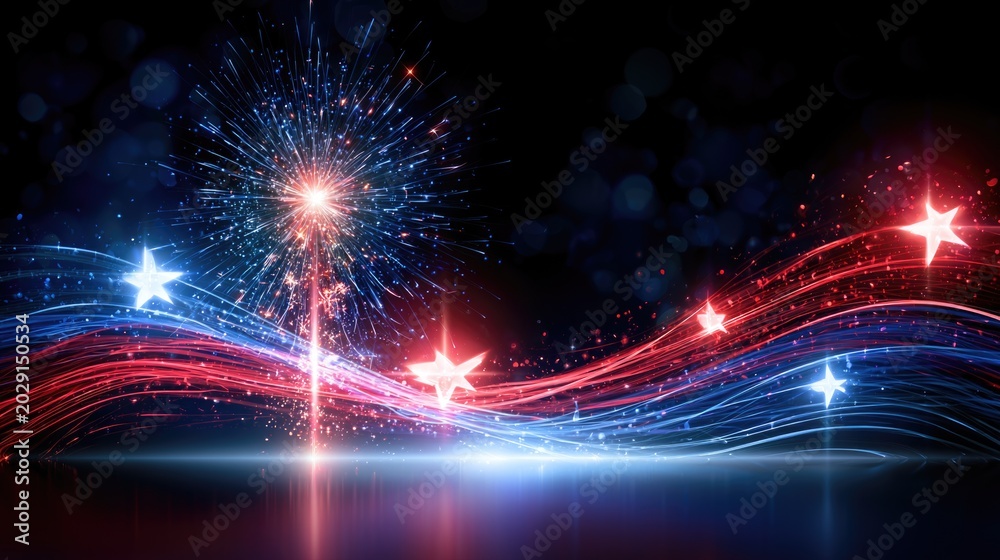 Obraz premium Colorful fireworks explode over a dynamic wave of red, white, and blue light trails adorned with glowing stars against a dark background.