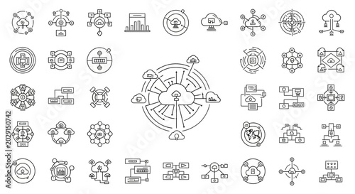 Cloud data management and server network icons for information technology and software systems.