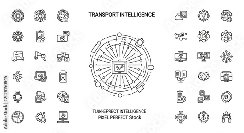 Transport intelligence concept with central hub and data connections, plus surrounding icons.