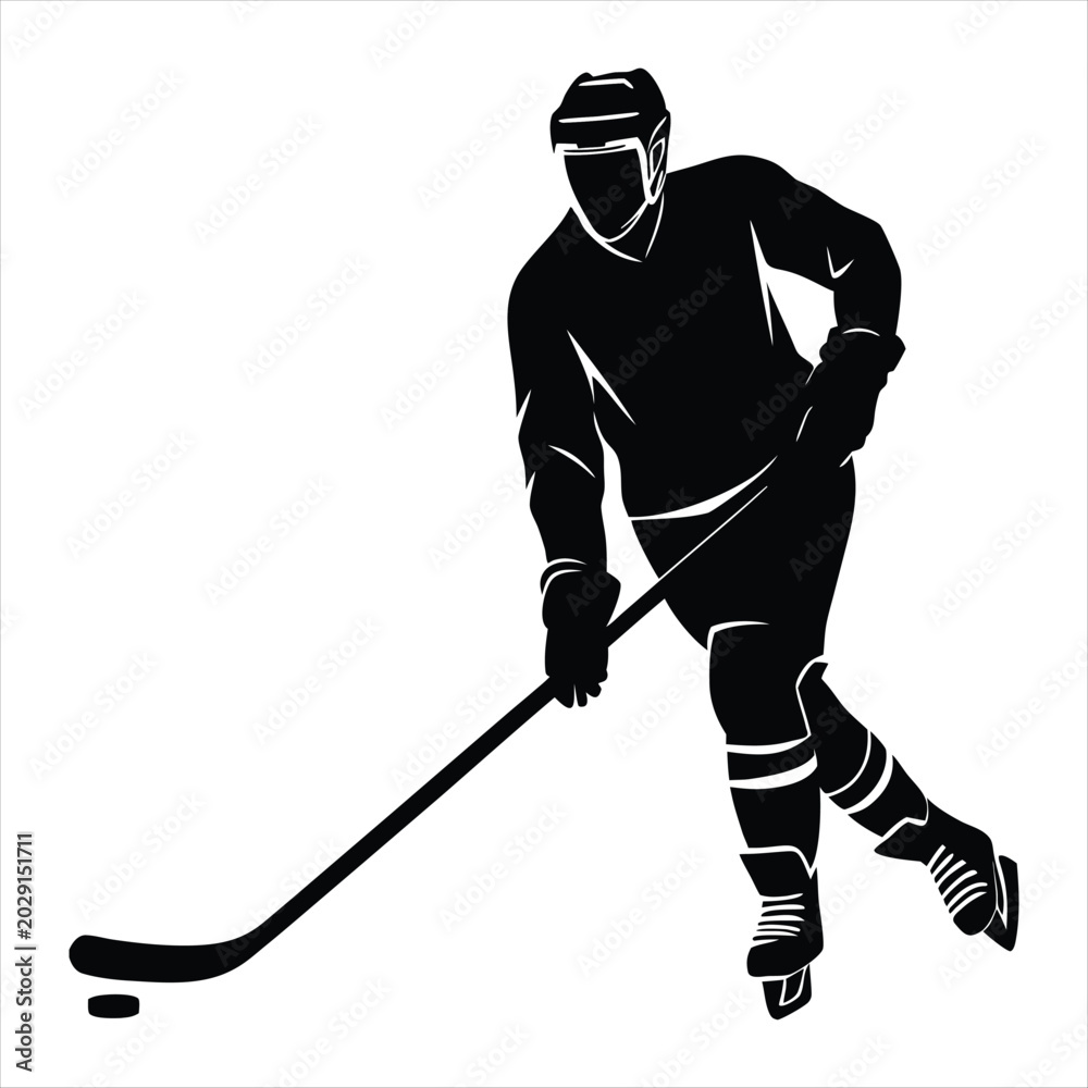 Obraz premium Ice Hockey Player Silhouette, Male Athlete Skating with Stick and Puck, Winter Sports Action Concept