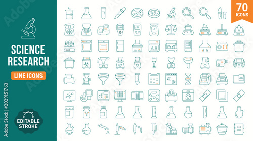 A collection of science research line icons for educational and commercial use