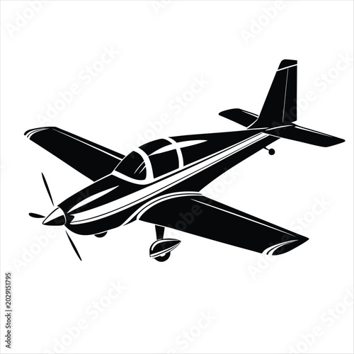 Small Propeller Airplane Silhouette, Low Wing Light Aircraft Flying, General Aviation and Private Transport Concept