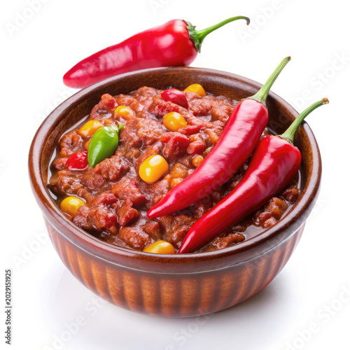Spicy ground meat stew with fresh chili peppers in bowl
